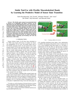 Stable Tool-Use with Flexible Musculoskeletal Hands by Learning the
  Predictive Model of Sensor State Transition