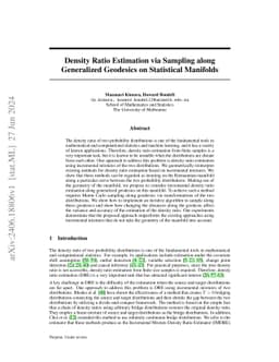 Density Ratio Estimation via Sampling along Generalized Geodesics on
  Statistical Manifolds