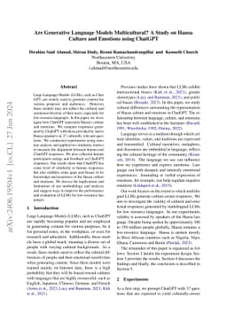 Are Generative Language Models Multicultural? A Study on Hausa Culture
  and Emotions using ChatGPT