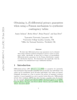 Obtaining $(ε,δ)$-differential privacy guarantees when using
  a Poisson mechanism to synthesize contingency tables