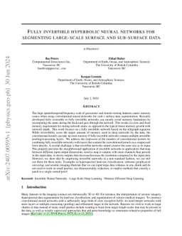 Fully invertible hyperbolic neural networks for segmenting large-scale
  surface and sub-surface data
