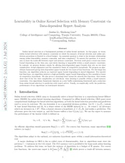 Learnability in Online Kernel Selection with Memory Constraint via Data-dependent Regret Analysis