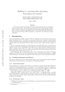 Badllama 3: removing safety finetuning from Llama 3 in minutes