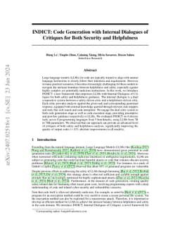 INDICT: Code Generation with Internal Dialogues of Critiques for Both
  Security and Helpfulness