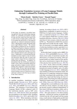 Enhancing Translation Accuracy of Large Language Models through
  Continual Pre-Training on Parallel Data