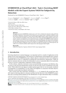HYBRINFOX at CheckThat! 2024 -- Task 2: Enriching BERT Models with the
  Expert System VAGO for Subjectivity Detection