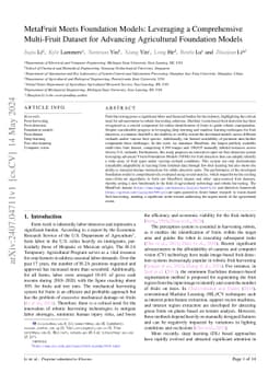 MetaFruit Meets Foundation Models: Leveraging a Comprehensive
  Multi-Fruit Dataset for Advancing Agricultural Foundation Models