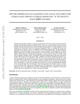On the importance of learning non-local dynamics for stable data-driven
  climate modeling: A 1D gravity wave-QBO testbed