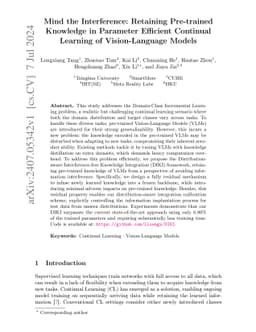 Mind the Interference: Retaining Pre-trained Knowledge in Parameter
  Efficient Continual Learning of Vision-Language Models