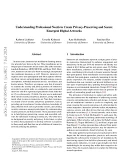Understanding Professional Needs to Create Privacy-Preserving and Secure
  Emergent Digital Artworks