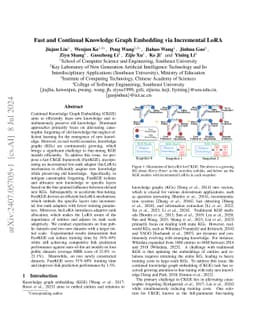 Fast and Continual Knowledge Graph Embedding via Incremental LoRA