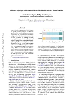 Vision-Language Models under Cultural and Inclusive Considerations