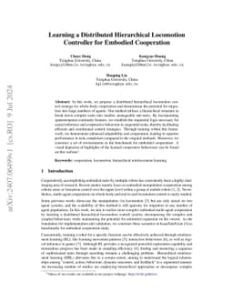 Learning a Distributed Hierarchical Locomotion Controller for Embodied
  Cooperation
