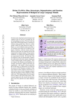 Divine LLaMAs: Bias, Stereotypes, Stigmatization, and Emotion
  Representation of Religion in Large Language Models