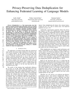 Privacy-Preserving Data Deduplication for Enhancing Federated Learning
  of Language Models