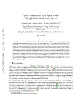 Hydra: Bidirectional State Space Models Through Generalized Matrix
  Mixers