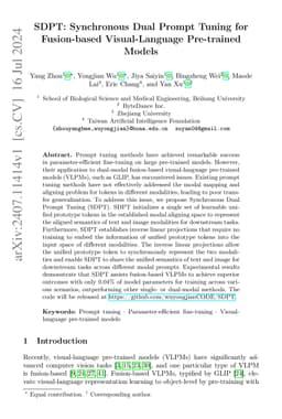 SDPT: Synchronous Dual Prompt Tuning for Fusion-based Visual-Language
  Pre-trained Models