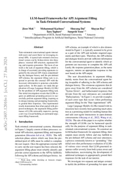 LLM-based Frameworks for API Argument Filling in Task-Oriented
  Conversational Systems