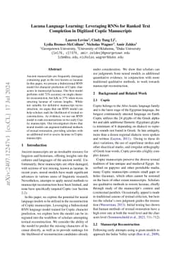 Lacuna Language Learning: Leveraging RNNs for Ranked Text Completion in
  Digitized Coptic Manuscripts