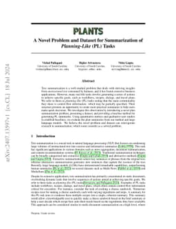 PLANTS: A Novel Problem and Dataset for Summarization of Planning-Like
  (PL) Tasks