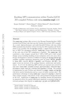 Enabling MPI communication within Numba/LLVM JIT-compiled Python code
  using numba-mpi v1.0