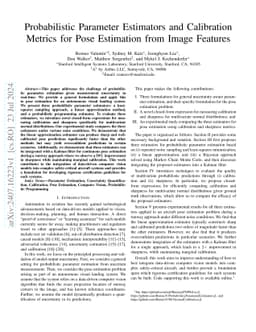 Probabilistic Parameter Estimators and Calibration Metrics for Pose
  Estimation from Image Features
