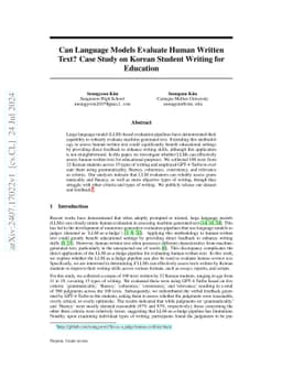 Can Language Models Evaluate Human Written Text? Case Study on Korean
  Student Writing for Education