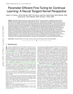Parameter-Efficient Fine-Tuning for Continual Learning: A Neural Tangent
  Kernel Perspective