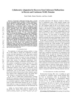 Collaborative Adaptation for Recovery from Unforeseen Malfunctions in
  Discrete and Continuous MARL Domains