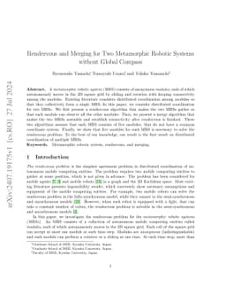 Rendezvous and Merging for Two Metamorphic Robotic Systems without
  Global Compass