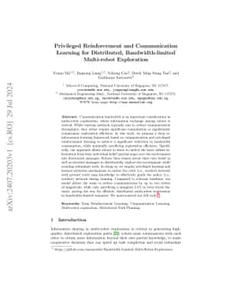 Privileged Reinforcement and Communication Learning for Distributed,
  Bandwidth-limited Multi-robot Exploration