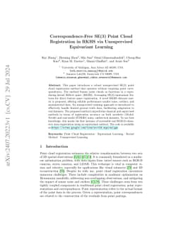 Correspondence-Free SE(3) Point Cloud Registration in RKHS via
  Unsupervised Equivariant Learning