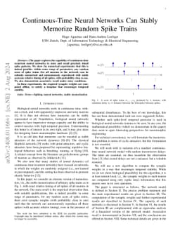 Continuous-Time Neural Networks Can Stably Memorize Random Spike Trains