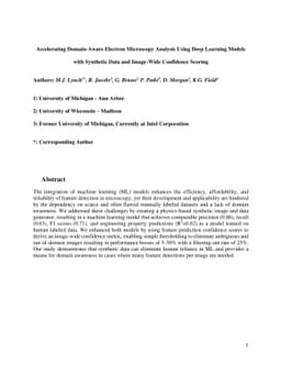 Accelerating Domain-Aware Electron Microscopy Analysis Using Deep
  Learning Models with Synthetic Data and Image-Wide Confidence Scoring