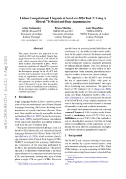 Lisbon Computational Linguists at SemEval-2024 Task 2: Using A Mistral
  7B Model and Data Augmentation