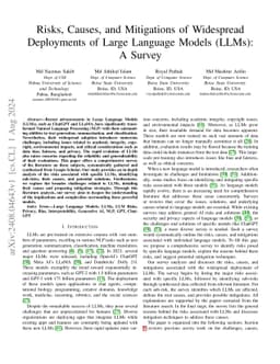 Risks, Causes, and Mitigations of Widespread Deployments of Large
  Language Models (LLMs): A Survey