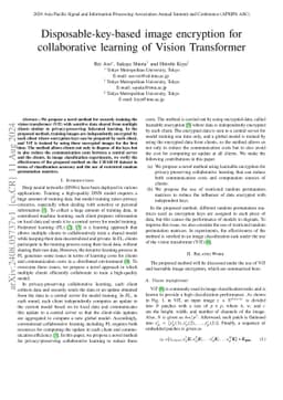 Disposable-key-based image encryption for collaborative learning of
  Vision Transformer