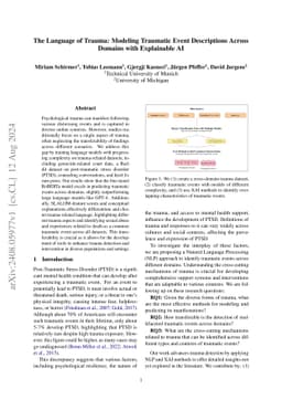 The Language of Trauma: Modeling Traumatic Event Descriptions Across
  Domains with Explainable AI