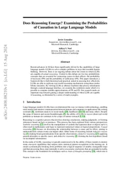 Does Reasoning Emerge? Examining the Probabilities of Causation in Large
  Language Models