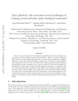 Oja's plasticity rule overcomes several challenges of training neural networks under biological constraints