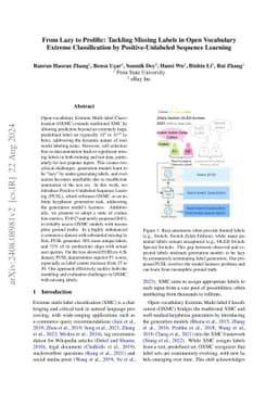 From Lazy to Prolific: Tackling Missing Labels in Open Vocabulary Extreme Classification by Positive-Unlabeled Sequence Learning