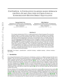 ConVerSum: A Contrastive Learning based Approach for Data-Scarce
  Solution of Cross-Lingual Summarization Beyond Direct Equivalents