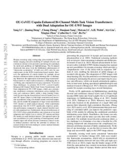 OU-CoViT: Copula-Enhanced Bi-Channel Multi-Task Vision Transformers with
  Dual Adaptation for OU-UWF Images