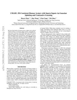 CHASE: 3D-Consistent Human Avatars with Sparse Inputs via Gaussian
  Splatting and Contrastive Learning
