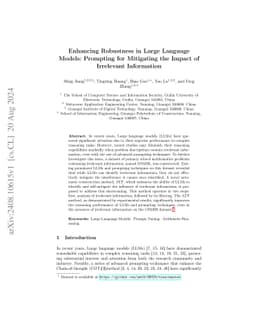 Enhancing Robustness in Large Language Models: Prompting for Mitigating
  the Impact of Irrelevant Information