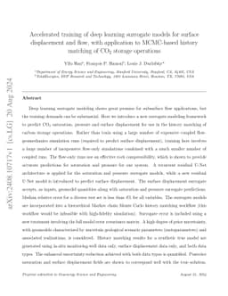 Accelerated training of deep learning surrogate models for surface
  displacement and flow, with application to MCMC-based history matching of CO2
  storage operations