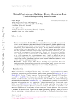 Clinical Context-aware Radiology Report Generation from Medical Images
  using Transformers