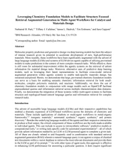 Leveraging Chemistry Foundation Models to Facilitate Structure Focused
  Retrieval Augmented Generation in Multi-Agent Workflows for Catalyst and
  Materials Design