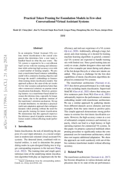 Practical token pruning for foundation models in few-shot conversational
  virtual assistant systems