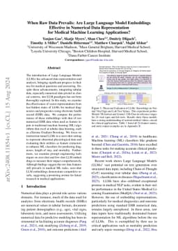 When Raw Data Prevails: Are Large Language Model Embeddings Effective in
  Numerical Data Representation for Medical Machine Learning Applications?